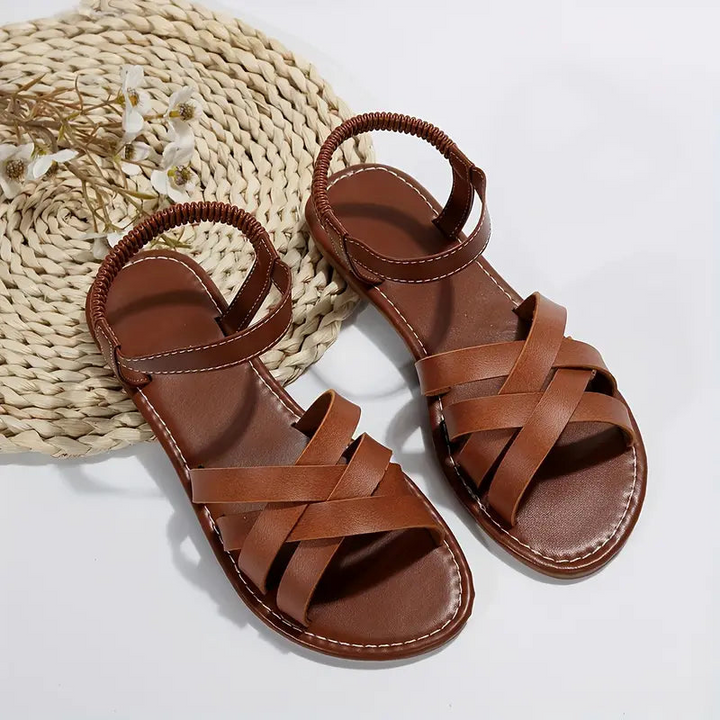 Sandales plates en cuir pour femmes avec brides croisées – Chaussures d'été élégantes et confortables