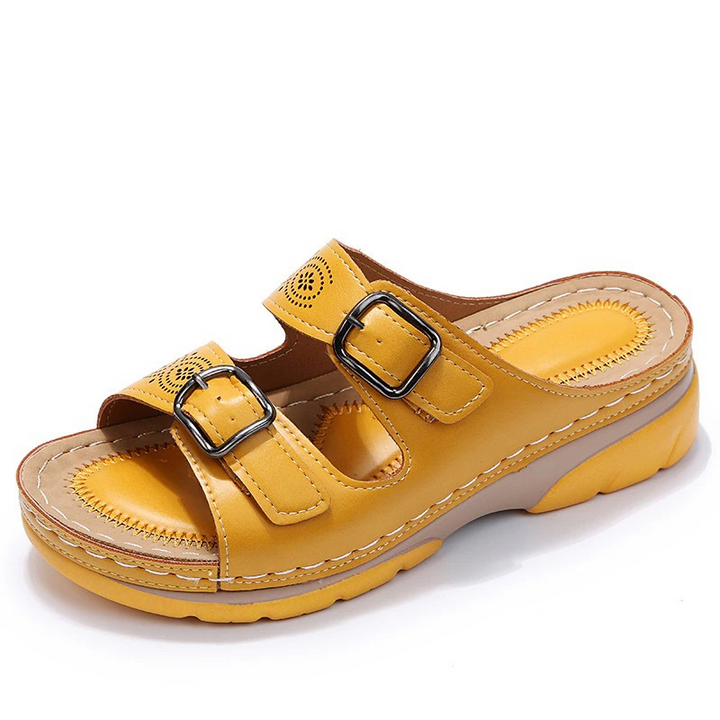 Sandalias abiertas de cuero para mujer con hebillas – Zapatos ortopédicos de verano cómodos