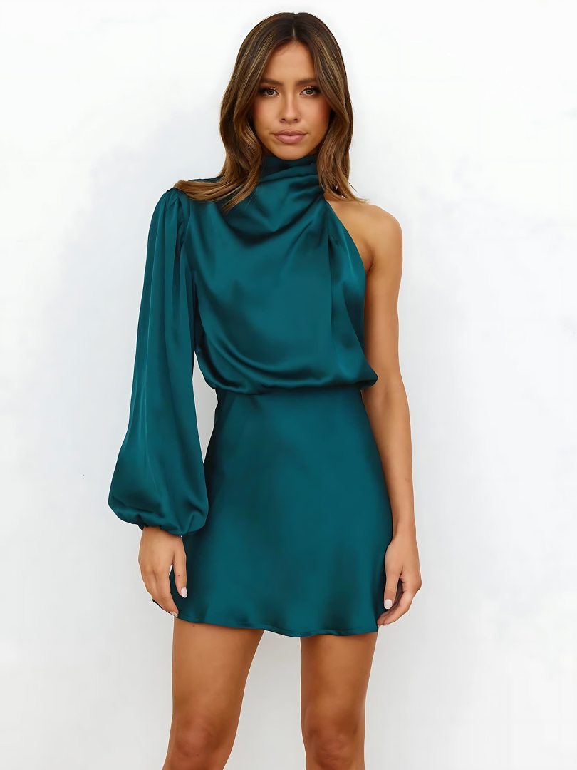 Women's One-Shoulder Satin Dress – Elegant Cut with Slit – For Parties