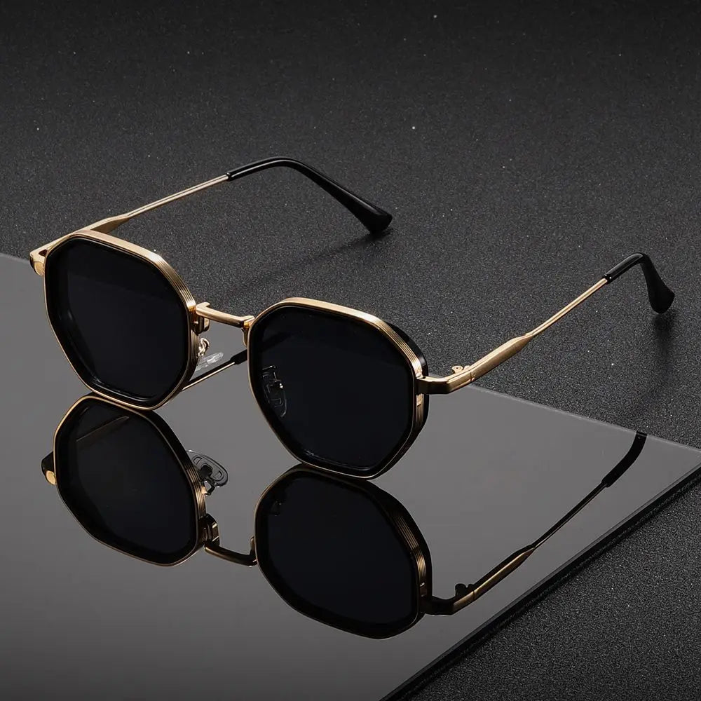 Lunettes de soleil vintage en métal polygonal avec verres bruns – rétro