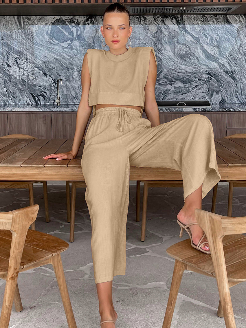 Ensemble en lin pour femmes – Coupe décontractée – Tenue d'été 2 pièces