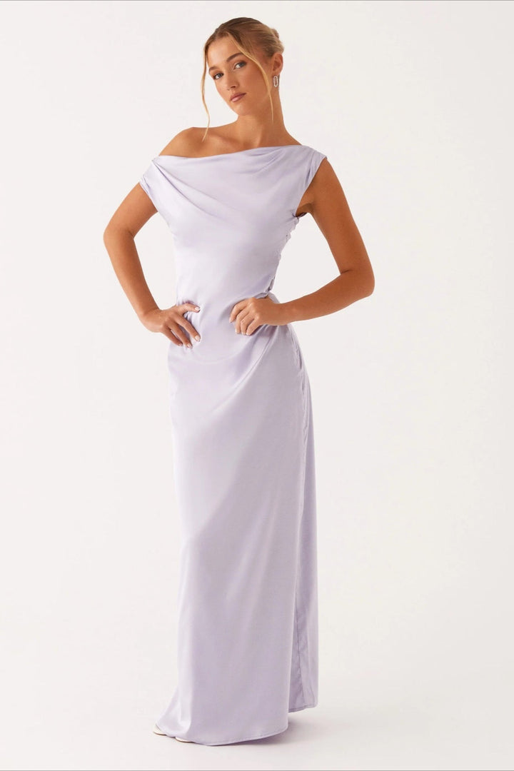 Women's Solid Color Maxi Dress with Asymmetric Neckline – Evening Dress