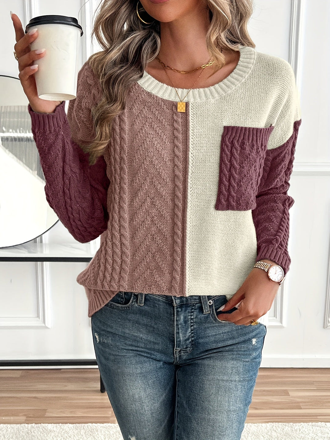 Esme | Damen Pullover Zopfstrick Color-Block