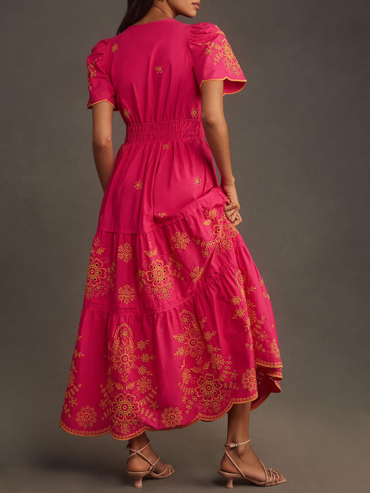 Vestido largo fluido estampado para mujer con cintura fruncida – Vestido de verano elegante