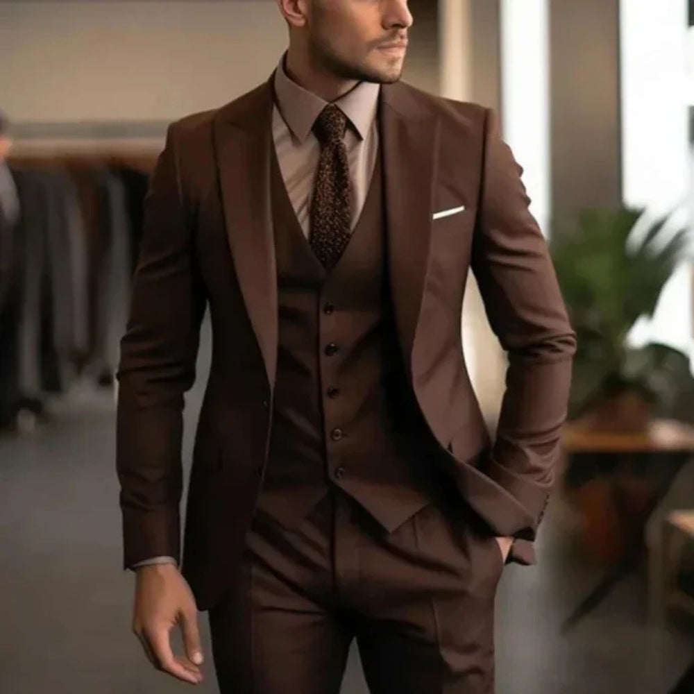 3-częściowy garnitur męski – marynarka, kamizelka, spodnie, elegancki, formalny, szyty na miarę styl