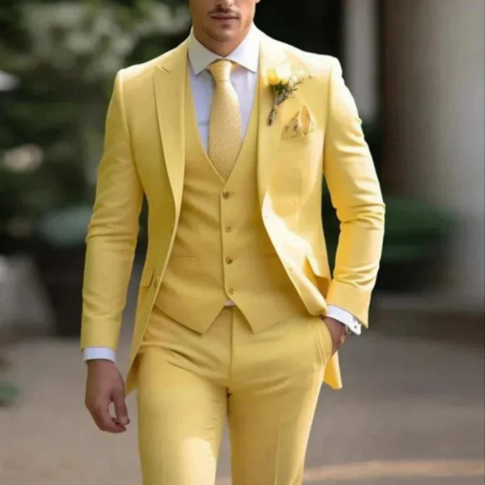 3-częściowy garnitur męski – marynarka, kamizelka, spodnie, elegancki, formalny, szyty na miarę styl