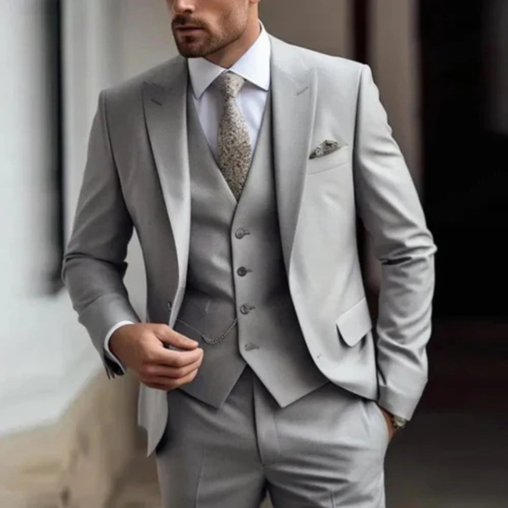 3-częściowy garnitur męski – marynarka, kamizelka, spodnie, elegancki, formalny, szyty na miarę styl