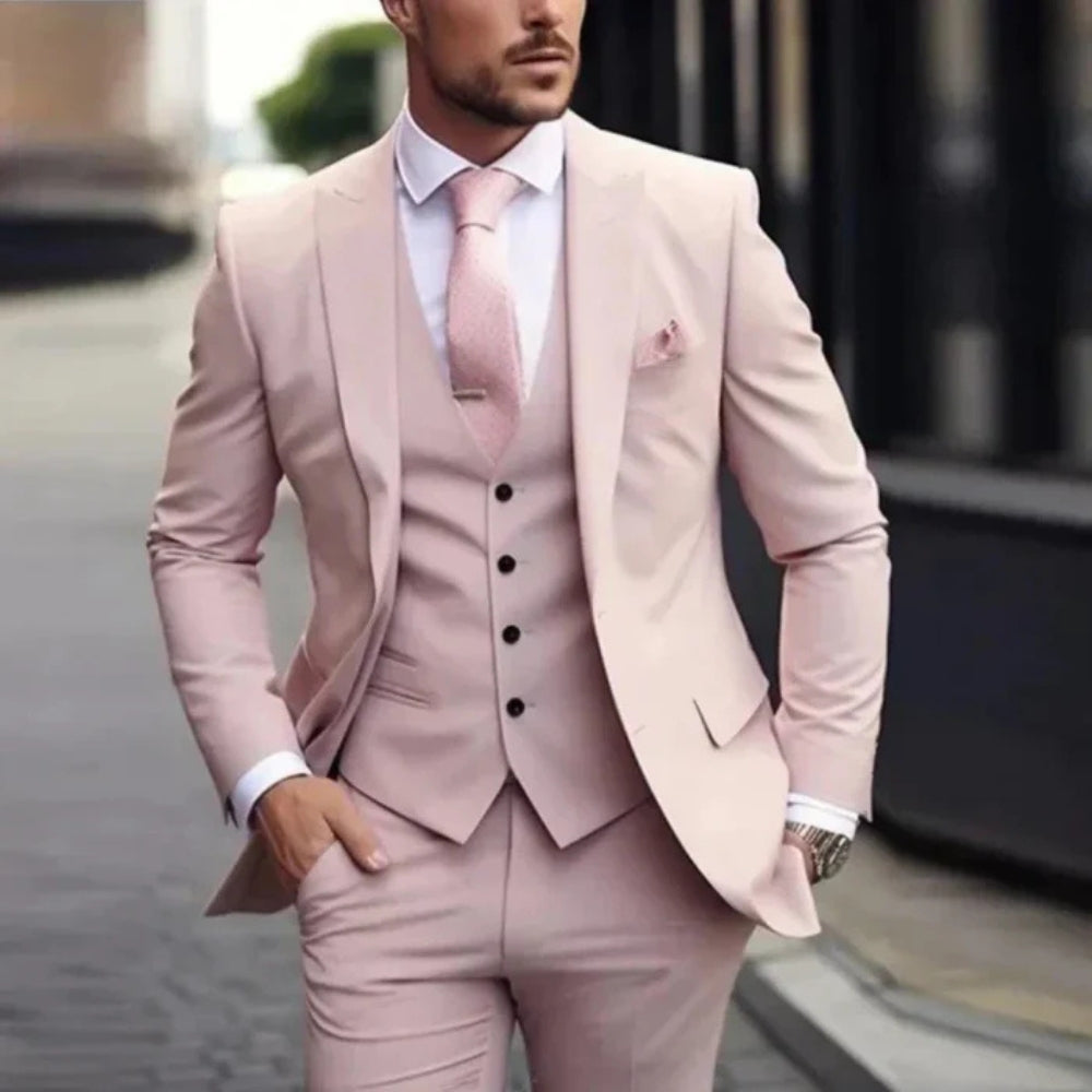 3-częściowy garnitur męski – marynarka, kamizelka, spodnie, elegancki, formalny, szyty na miarę styl