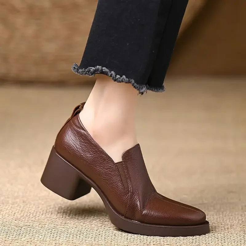 Women's Lace Leather Loafers with Block Heel – Casual Shoes