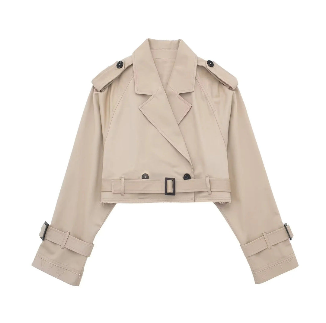 Short women's trench coat made of vegan leather