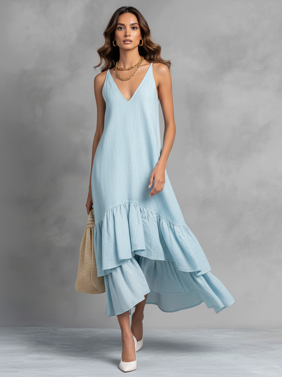 Hellblaues Maxikleid aus Baumwoll-Leinen mit Volantsaum