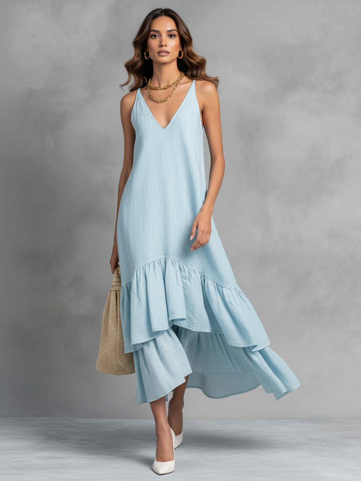 Hellblaues Maxikleid aus Baumwoll-Leinen mit Volantsaum