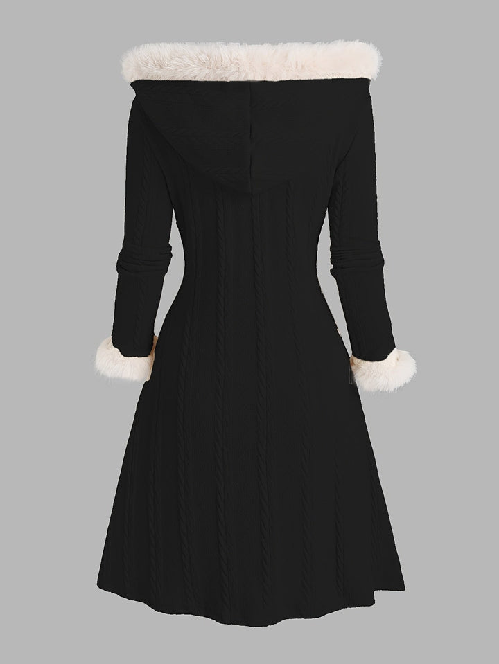 Nadia | Damen Longline Mantel mit Fellbesatz und Kapuze