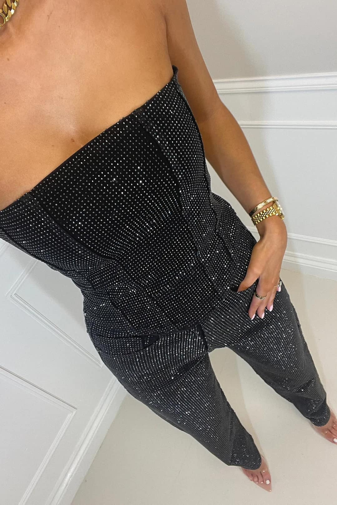 Elegant Strapless Jumpsuit Women Festive made of Shiny Stretch Fabric with Glitter Details for Special Occasions