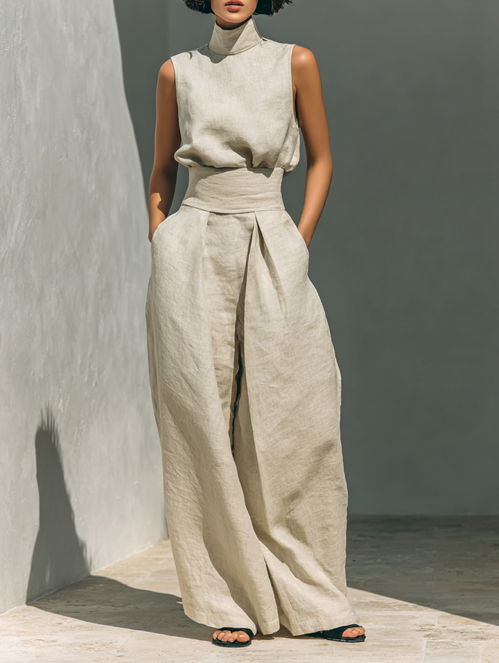Women's Linen Two-Piece Set - Turtleneck Top Wide Pants