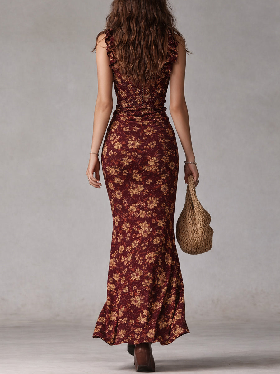 Women's Boho Maxi Dress with Ruffle Sleeves – Summer Dress with Slit