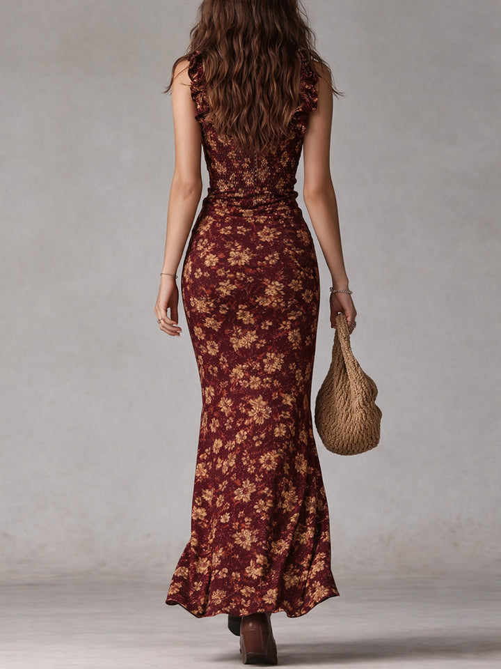 Women's Boho Maxi Dress with Ruffle Sleeves – Summer Dress with Slit