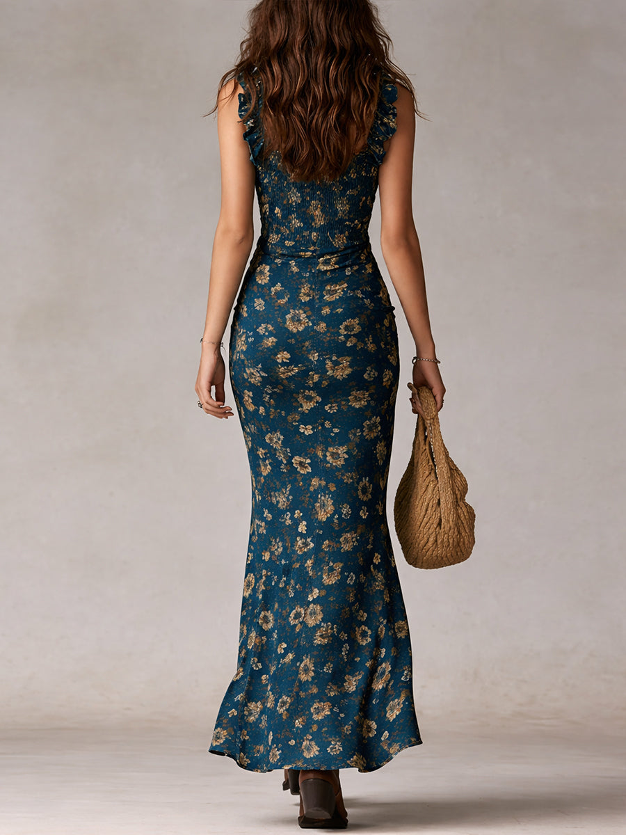 Women's Boho Maxi Dress with Ruffle Sleeves – Summer Dress with Slit