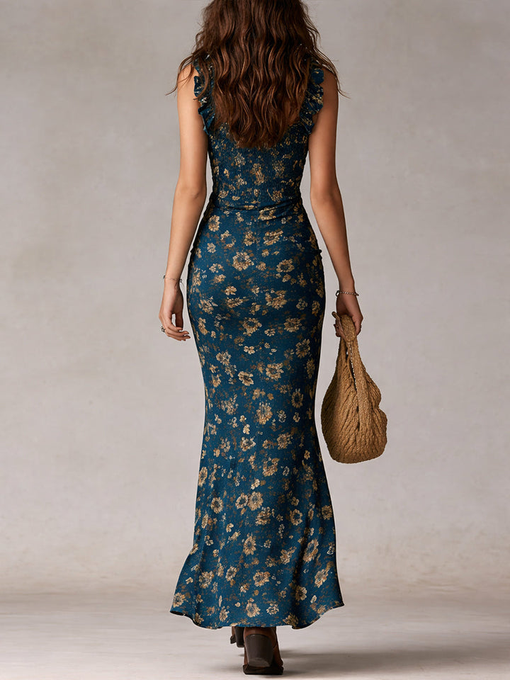 Women's Boho Maxi Dress with Ruffle Sleeves – Summer Dress with Slit