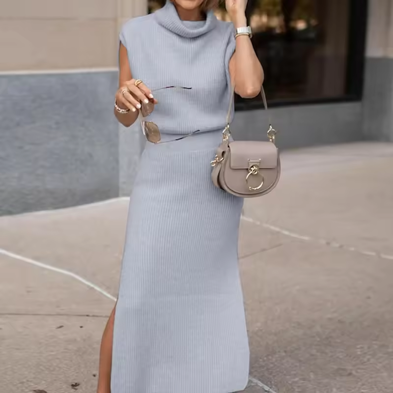 Damen Cowl Neck Midi Strickkleid – Tailliert Mit Seitenschlitz Kleidung