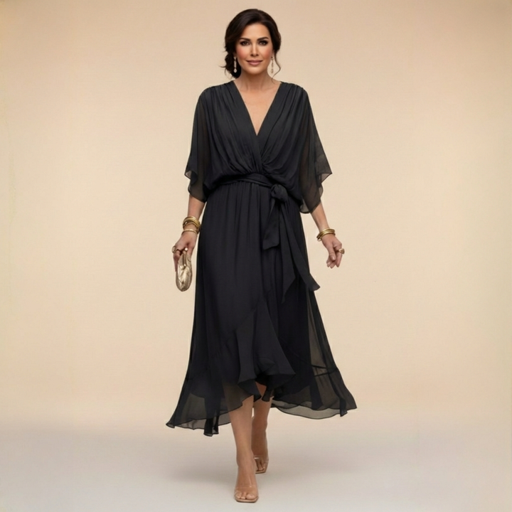 Elegant flared chiffon midi dress with V-neck and belt for women – Perfect dress for wedding guests