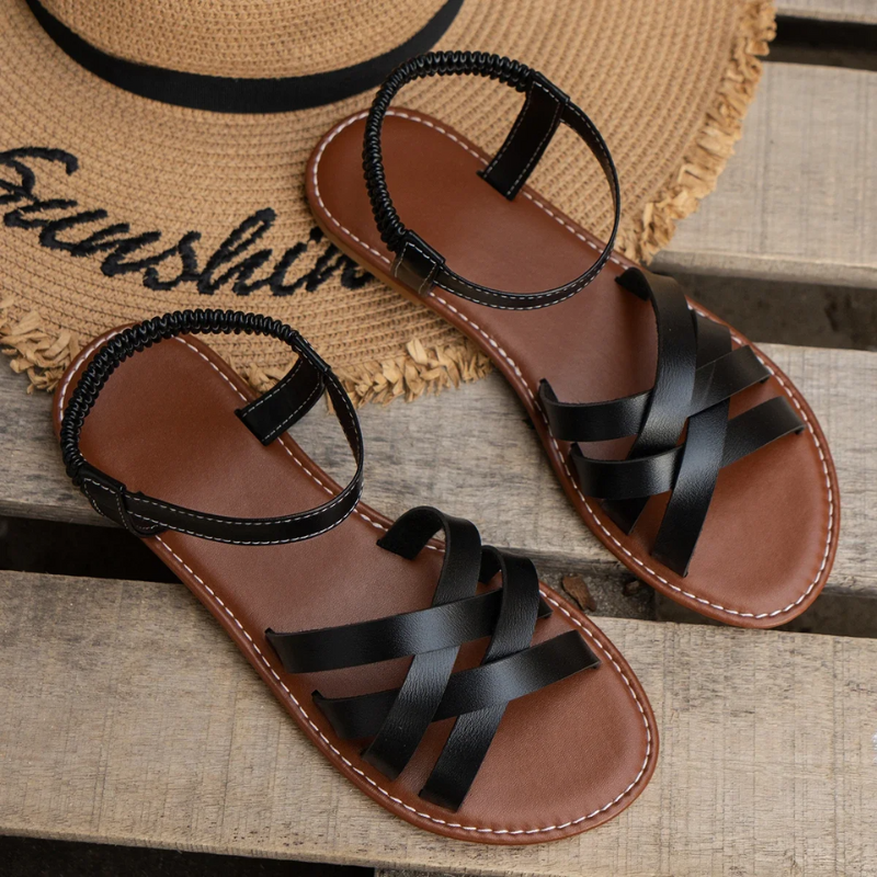 Sandales plates en cuir pour femmes avec brides croisées – Chaussures d'été élégantes et confortables