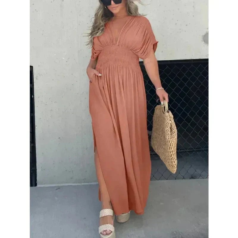 Damen Maxikleid – Leichter Stoff – V-Ausschnitt – Lässiger Sommerstil