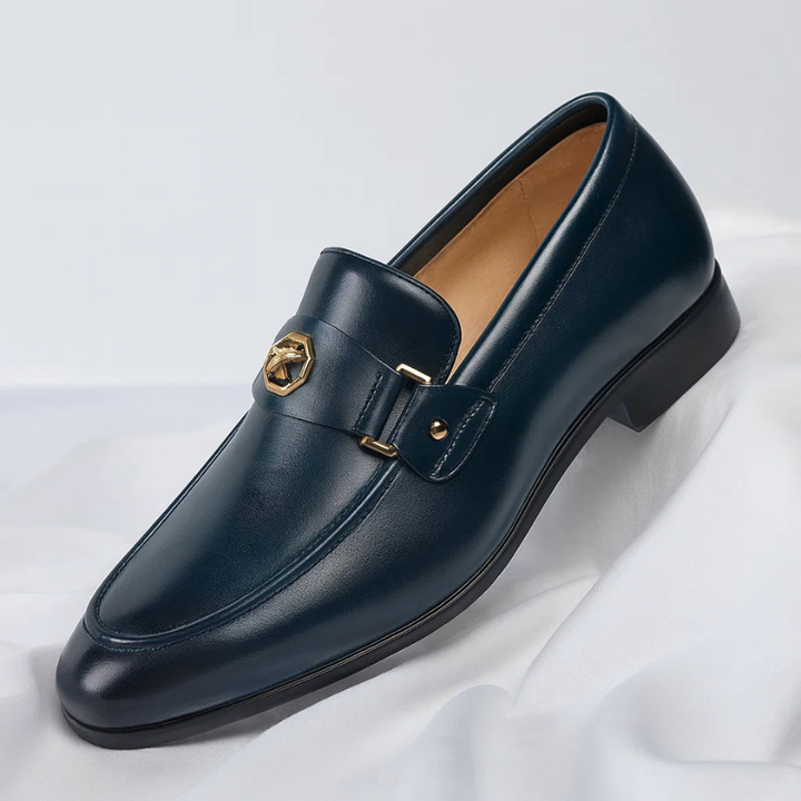 Men's Blue Leather Loafers with Metal Accent – Elegant Slip-On Shoes