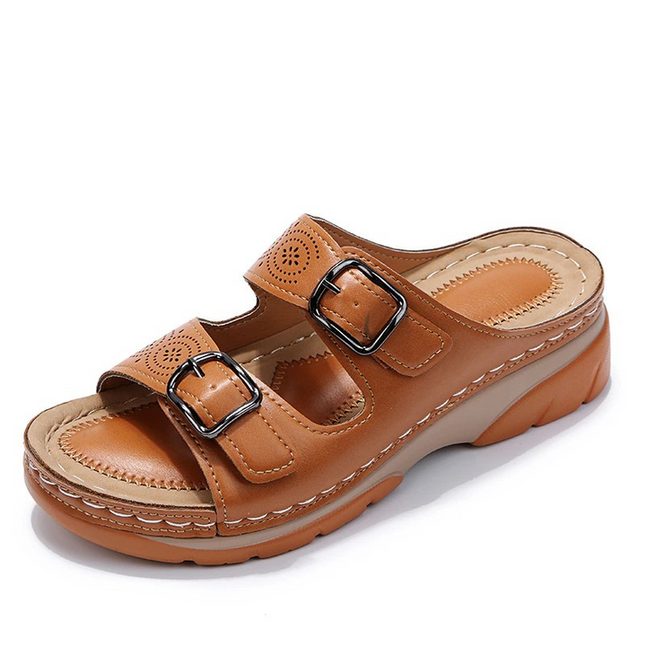 Sandalias abiertas de cuero para mujer con hebillas – Zapatos ortopédicos de verano cómodos