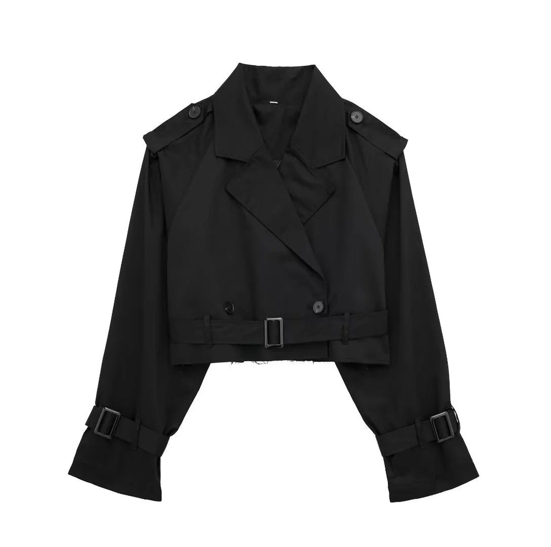 Short women's trench coat made of vegan leather