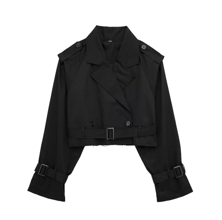 Short women's trench coat made of vegan leather