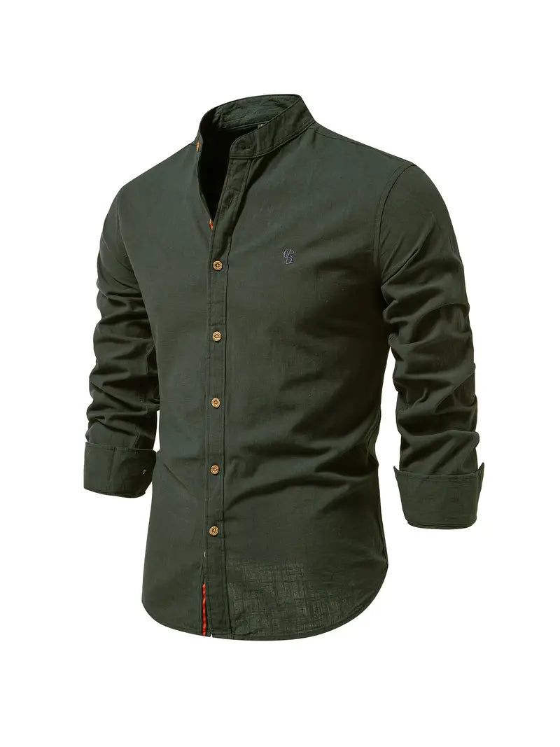 Men's Stand Collar Button-Down Shirt - Stylish Long Sleeve