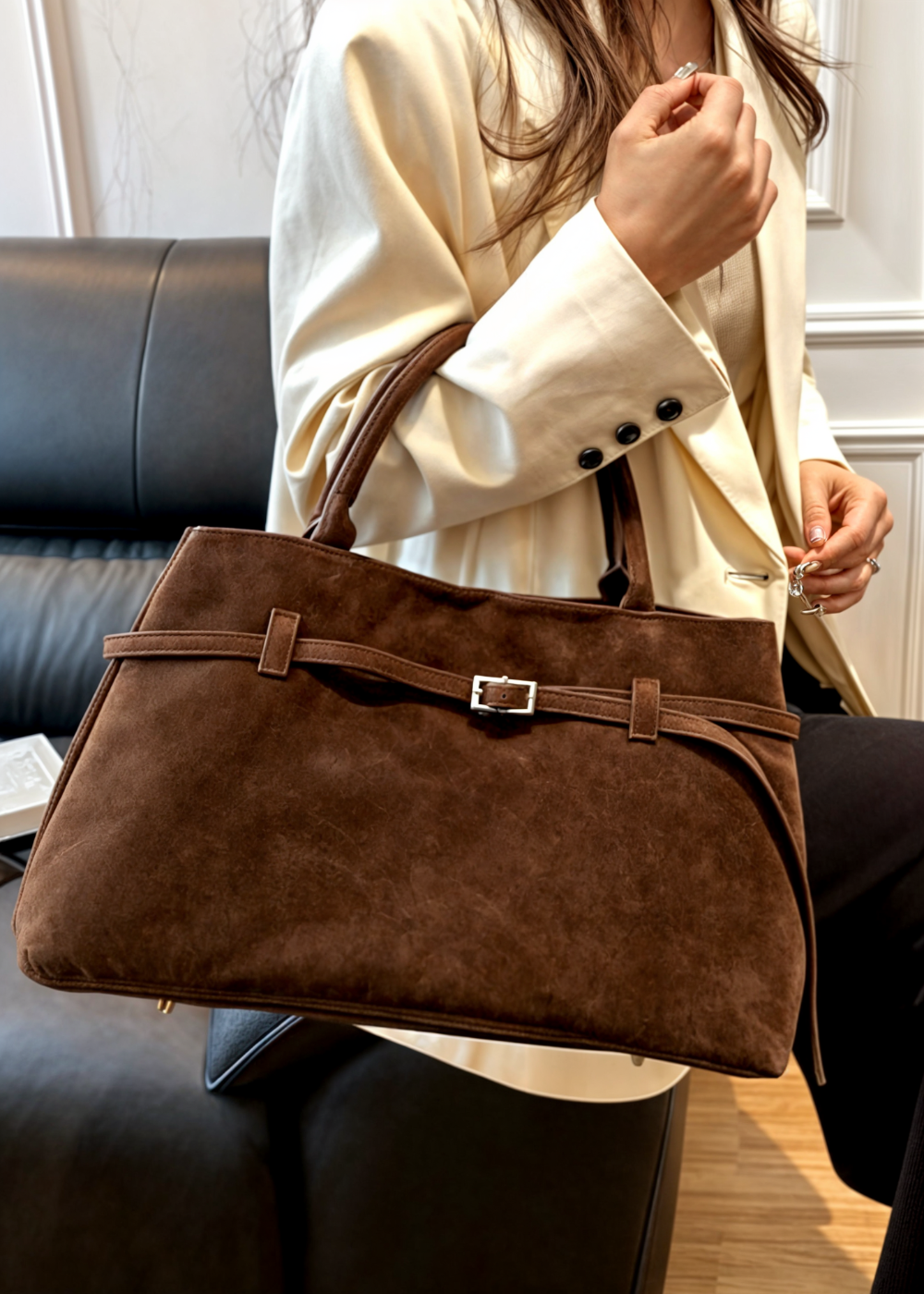Vegan Suede Handbag Women – Large Shoulder Bag with Zipper