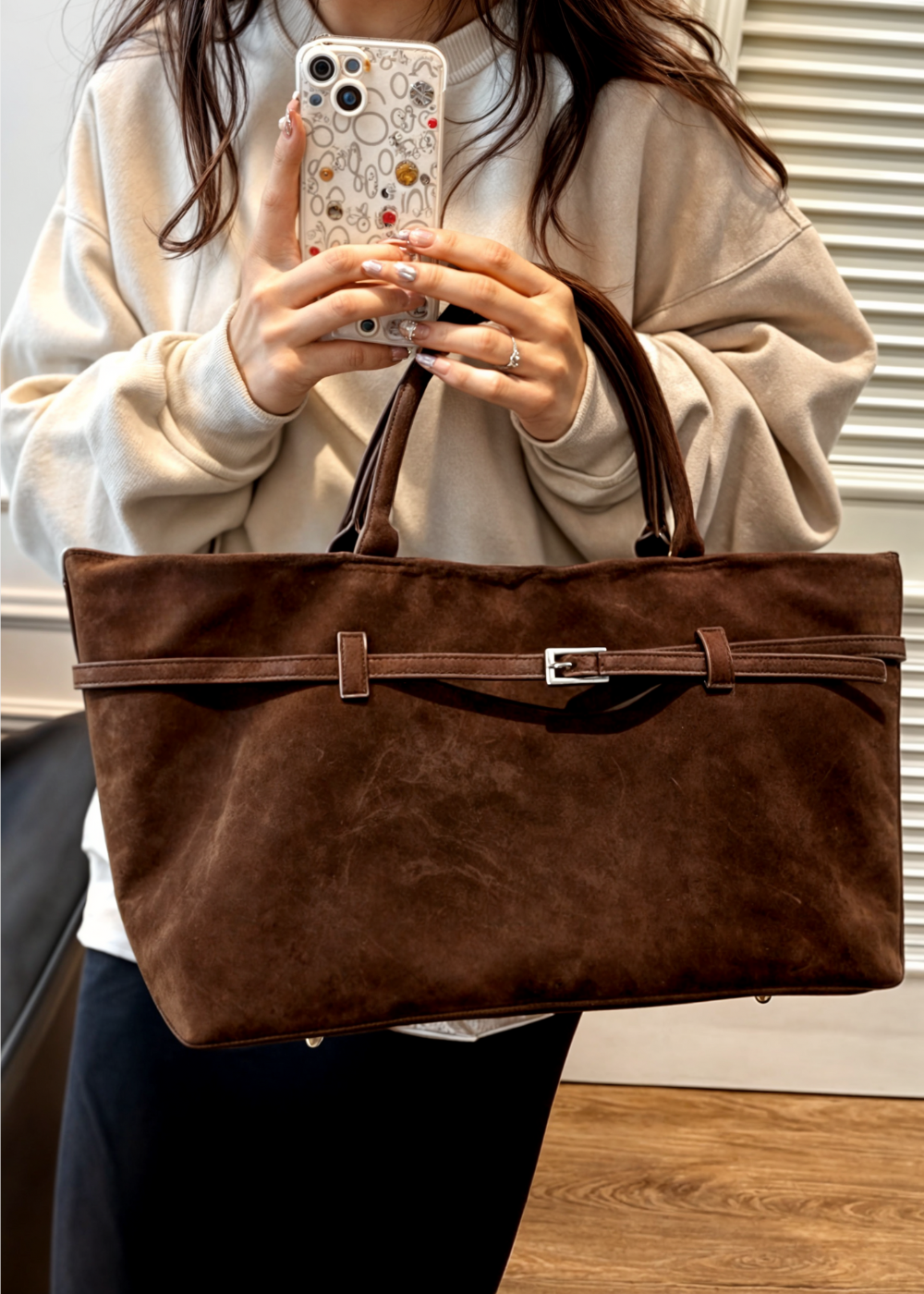Vegan Suede Handbag Women – Large Shoulder Bag with Zipper