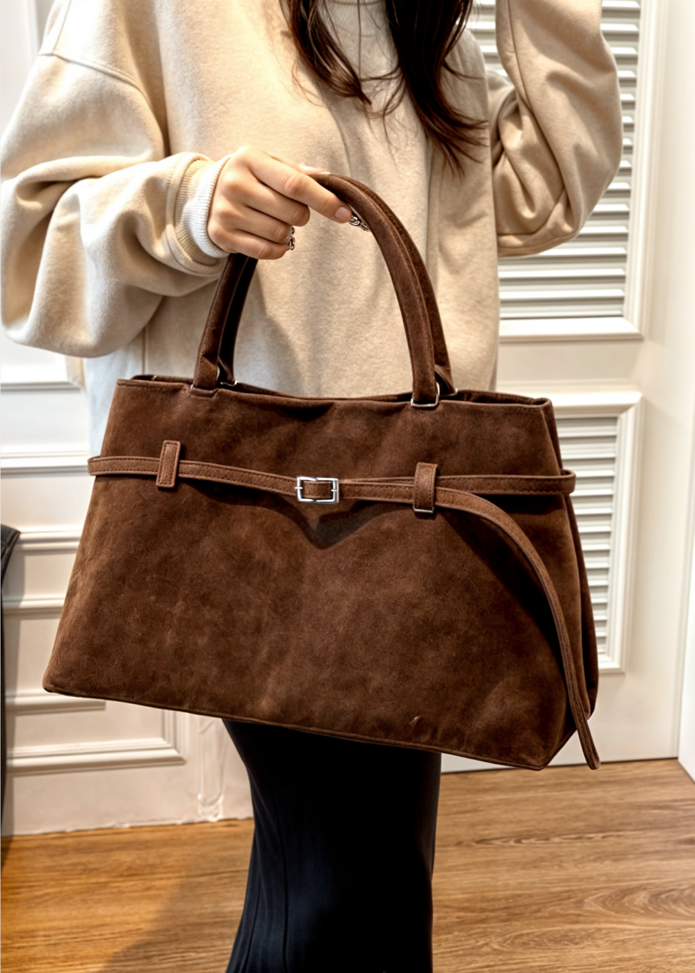 Vegan Suede Handbag Women – Large Shoulder Bag with Zipper
