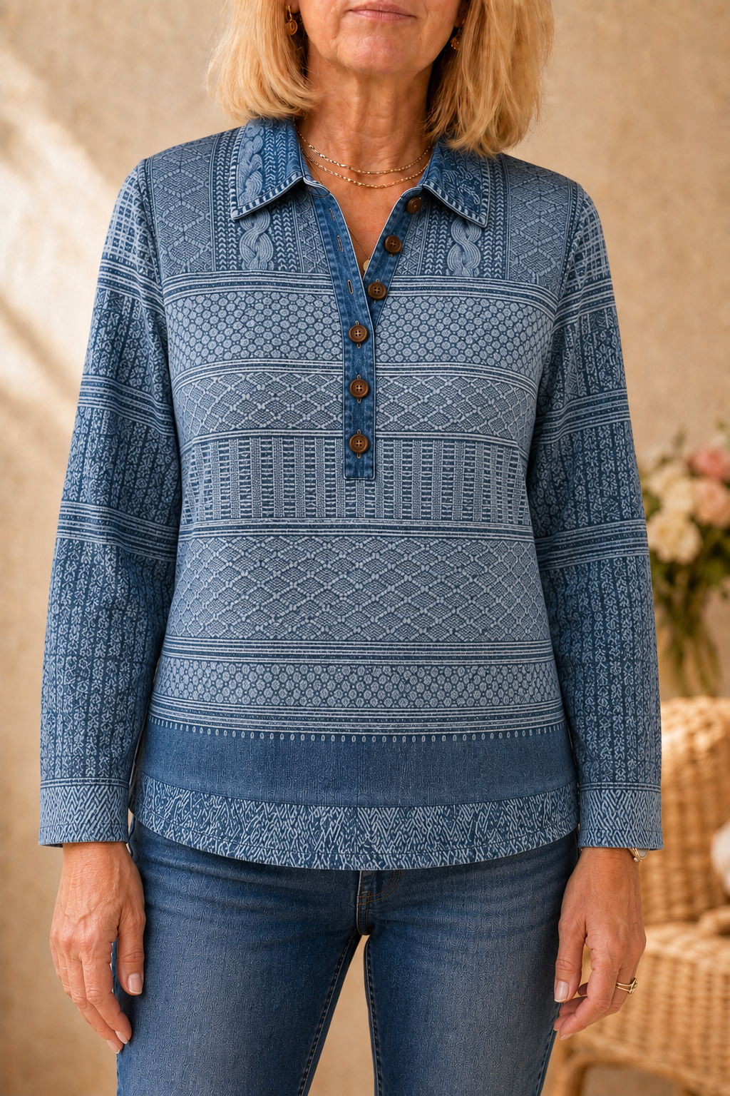 Damen Bluse Mit Denim Patchwork Und Strick