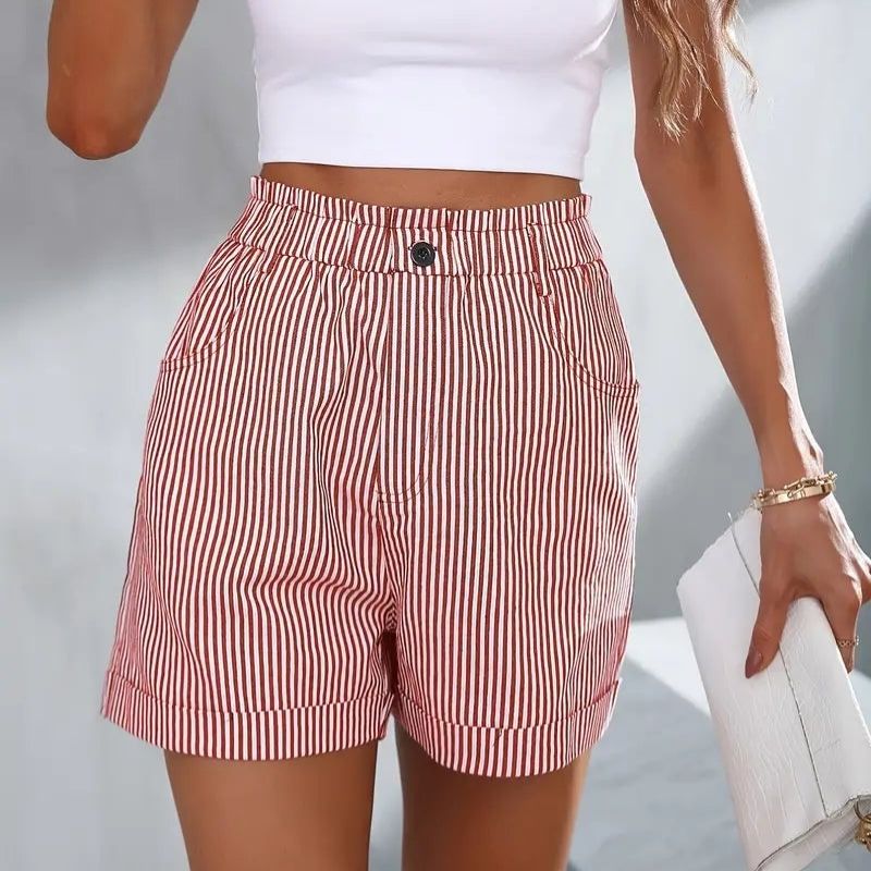 Striped High-Waist Summer Shorts with Pockets – Light & Elegant