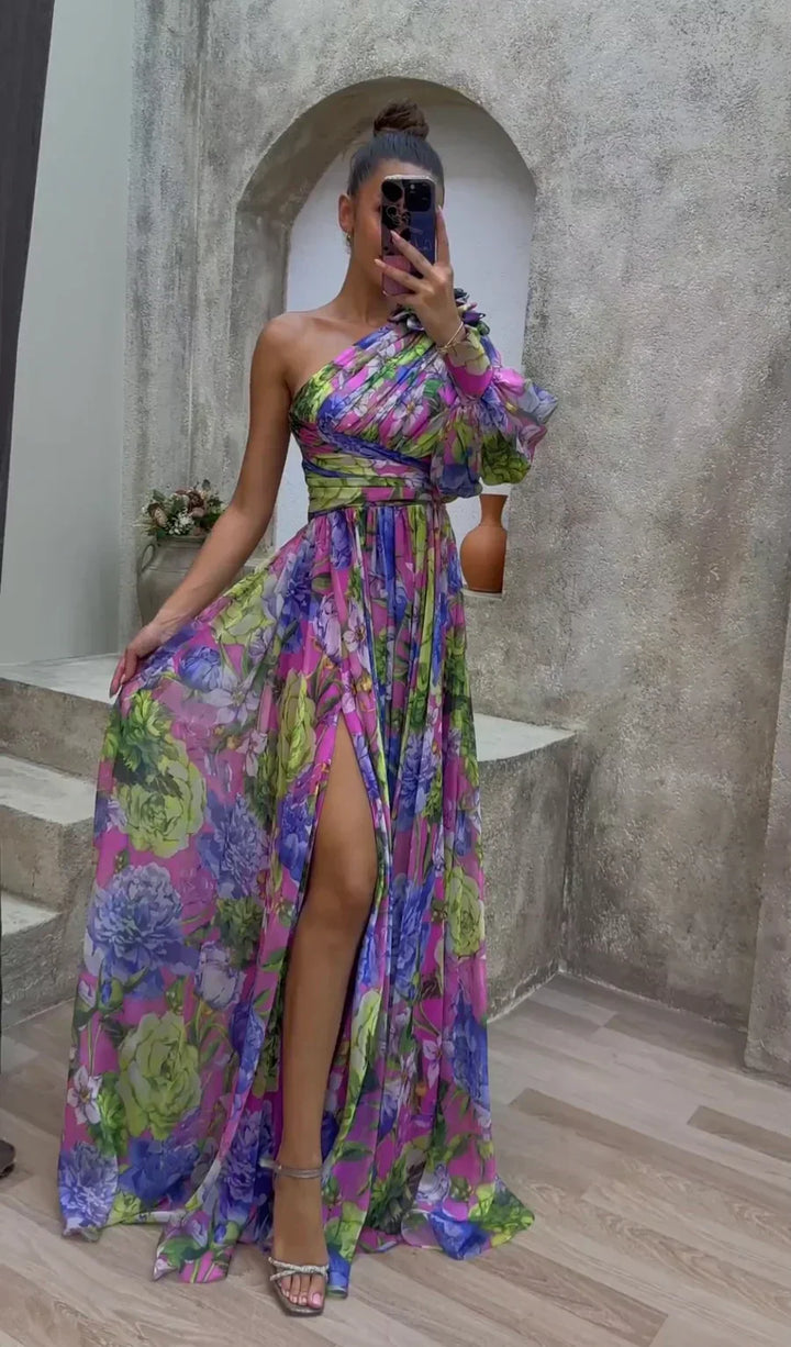 Damen Florales Schulterfreies Sommerkleid - Eleganter Fließender Event Kleid