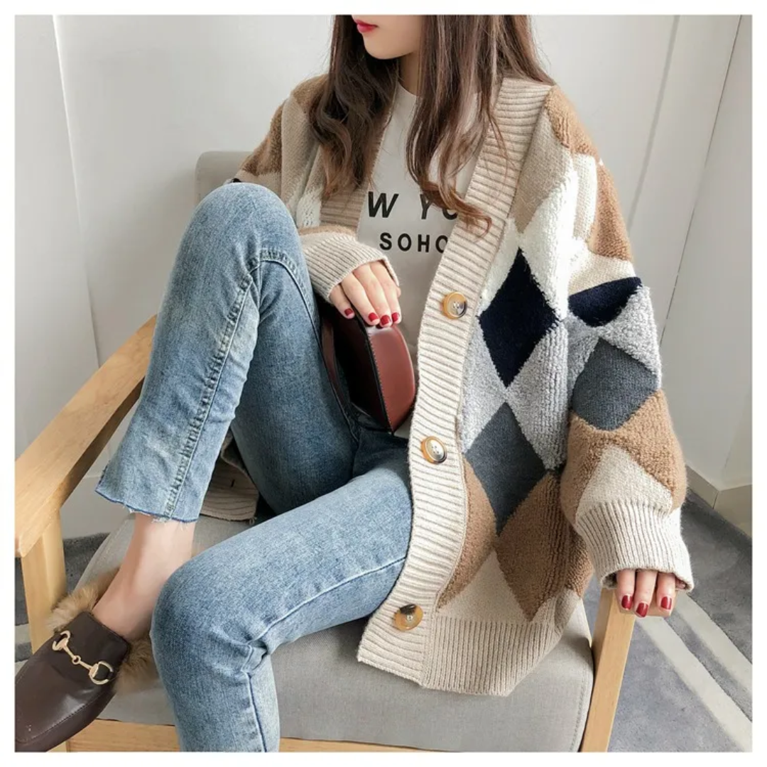 Damen Oversized Cardigan mit V-Ausschnitt und Knopfverschluss