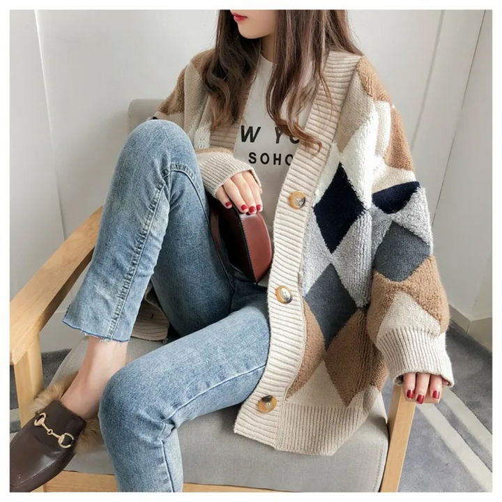 Damen Oversized Cardigan mit V-Ausschnitt und Knopfverschluss
