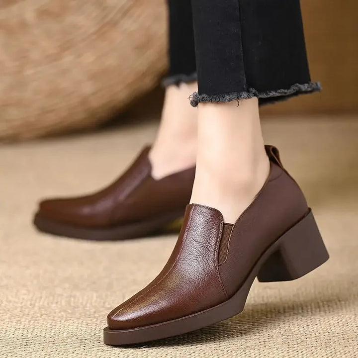 Women's Lace Leather Loafers with Block Heel – Casual Shoes