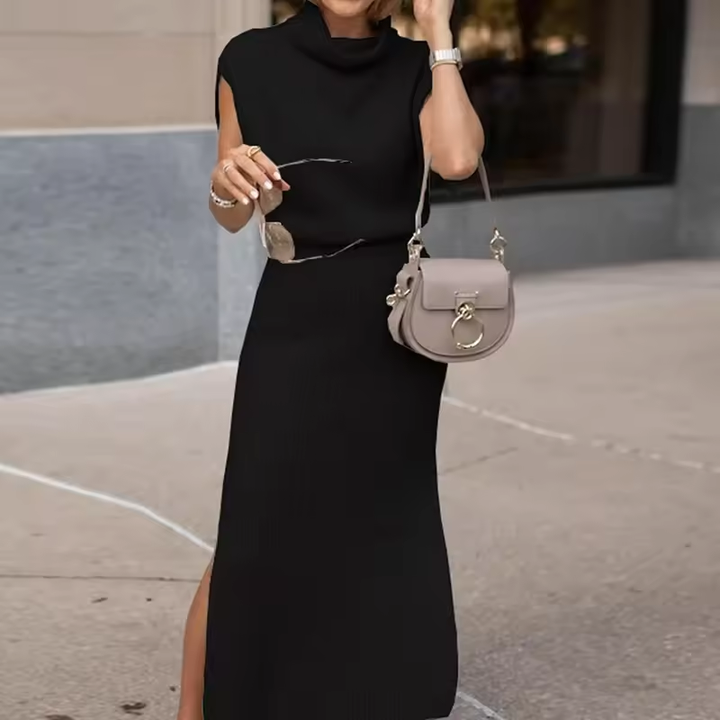 Damen Cowl Neck Midi Strickkleid – Tailliert Mit Seitenschlitz Kleidung