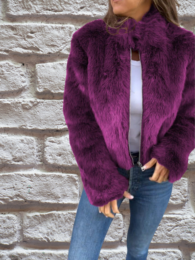 Faux Fur Damen Winterjacke Kurz Gefüttert Warm