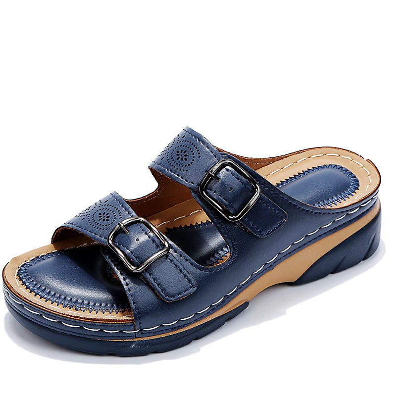 Sandalias abiertas de cuero para mujer con hebillas – Zapatos ortopédicos de verano cómodos