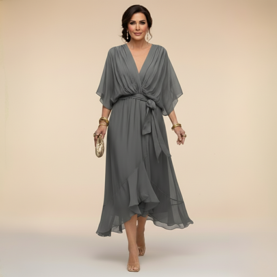 Elegant flared chiffon midi dress with V-neck and belt for women – Perfect dress for wedding guests