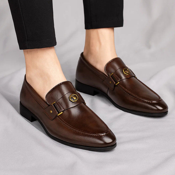 Men's Blue Leather Loafers with Metal Accent – Elegant Slip-On Shoes