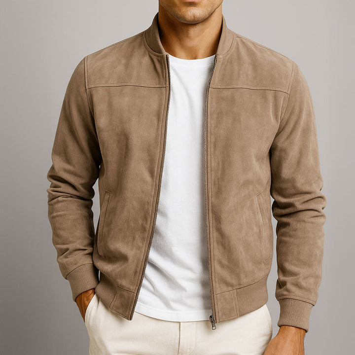 Chaqueta de ante para hombre con cremallera y manga larga – Chaqueta casual de corte ajustado