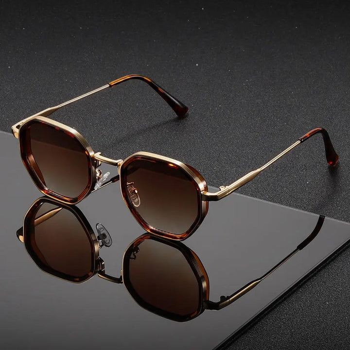 Lunettes de soleil vintage en métal polygonal avec verres bruns – rétro