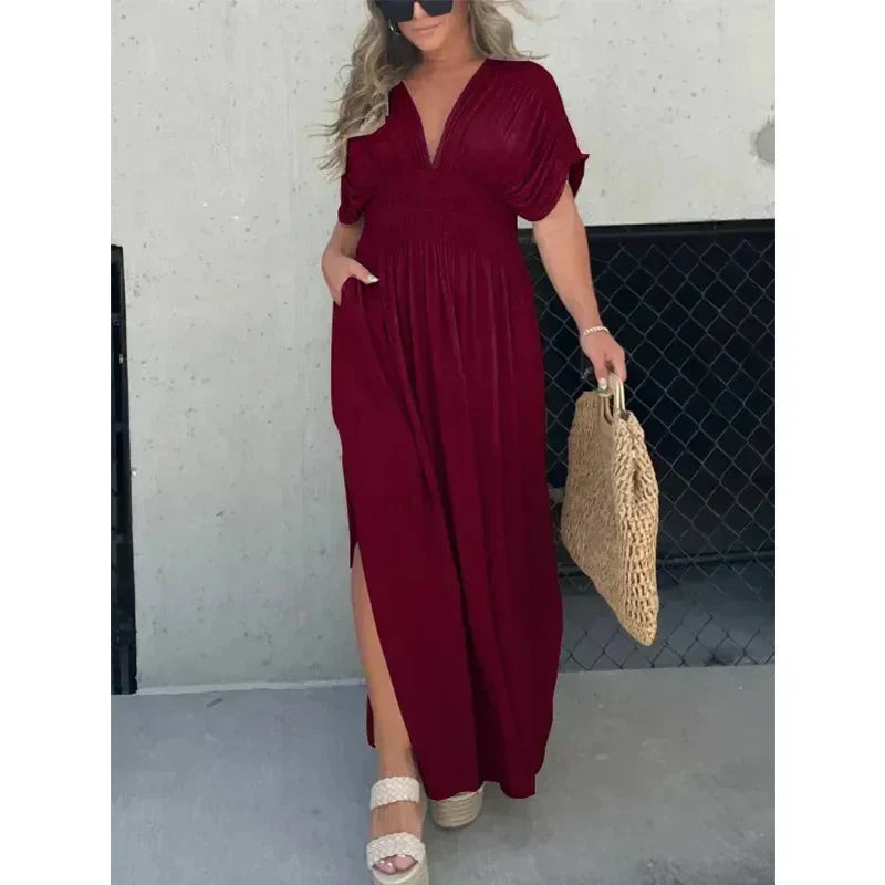 Damen Maxikleid – Leichter Stoff – V-Ausschnitt – Lässiger Sommerstil