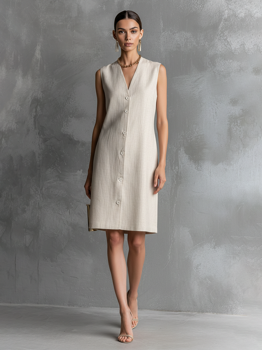 Ärmelloses Midikleid in Ivory mit Knopfleiste